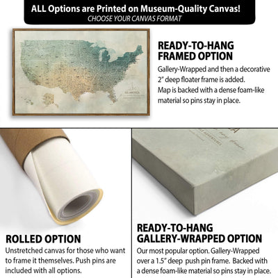 The image is a collage of three different options for a framed map of the United States. The first option is a rolled-up canvas, which is unstretched and ready to be hung. The second option is a gallery-wrapped and framed option, which has a deep push pin frame and a dense foam-like material to hold the pins in place. The third option is a ready-to-hang framed option, which has a deep push pin frame and a dense foam-like material to hold the pins in place.