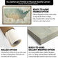 The image is a collage of three different options for a framed map of the United States. The first option is a rolled-up canvas, which is unstretched and ready to be hung. The second option is a gallery-wrapped and framed option, which has a deep push pin frame and a dense foam-like material to hold the pins in place. The third option is a ready-to-hang framed option, which has a deep push pin frame and a dense foam-like material to hold the pins in place.