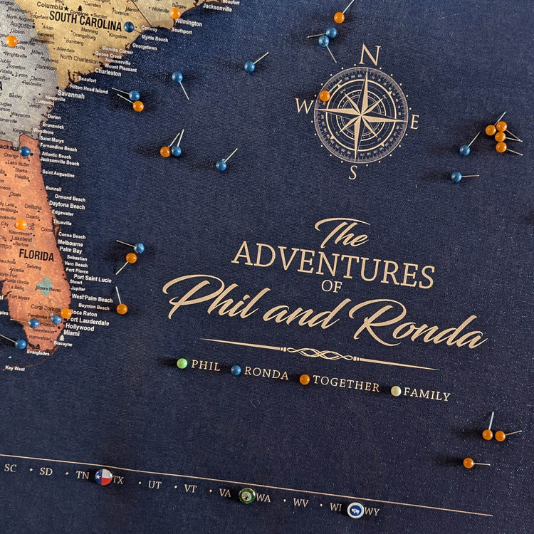 a map with a compass rose and a title that reads "The Adventures of Phil and Ronda".