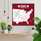 a framed map of the United States with football player silhouettes and the text "SEC Football Stadium Tour" printed on it. The map is displayed on a wall, and there are potted plants and a shelf with various items in the foreground.