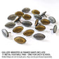 a collection of 17 metal football pins arranged in a circular pattern, with some of them being framed and rolled.