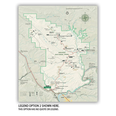 The image is a detailed map of the Arches National Park, showing various trails, landmarks, and points of interest within the park.