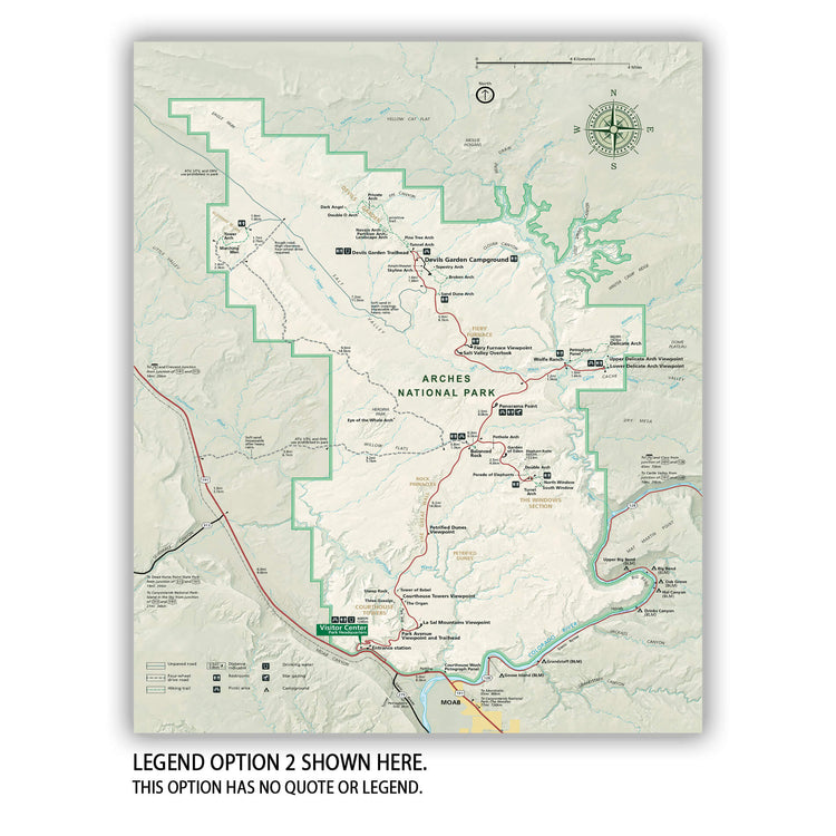 The image is a detailed map of the Arches National Park, showing various trails, landmarks, and points of interest within the park.