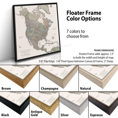 The image is a collage of different framed map color options, including brown, champagne, natural, black, antique gold, silver, and espresso. The collage also includes a floating frame with 7 color options to choose from, and a description of the frame dimensions.