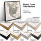 The image is a collage of different framed map color options, including brown, champagne, natural, black, antique gold, silver, and espresso. The collage also includes a floating frame with 7 color options to choose from, and a description of the frame dimensions.