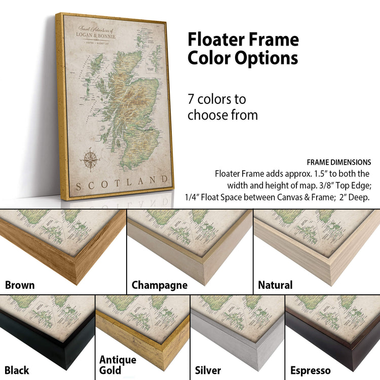 The image is a collage of different colored frames for a map of Scotland, with a focus on the frame color options.