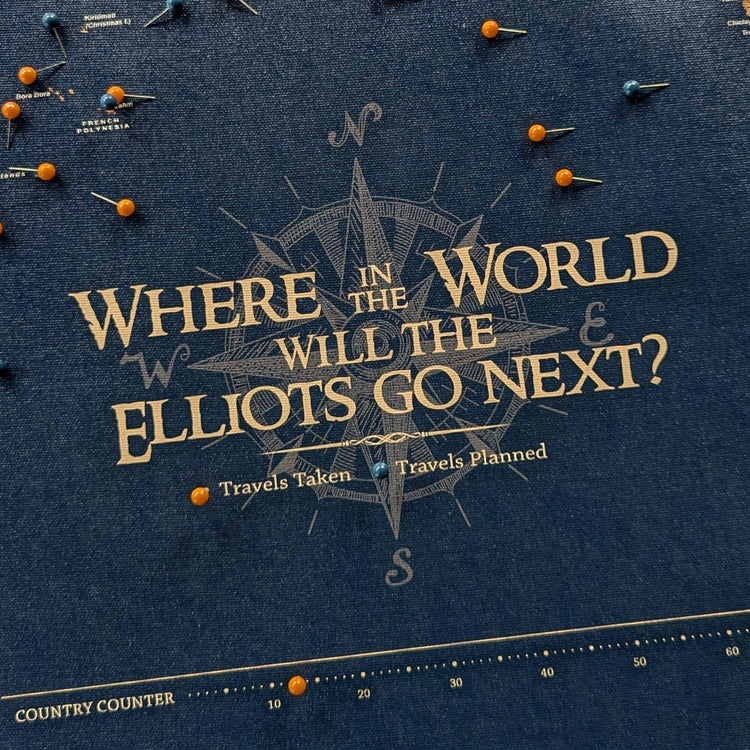 The image is a printed material, possibly a book or a poster, with a compass rose and the text "Where in the World Will the Elliott&
