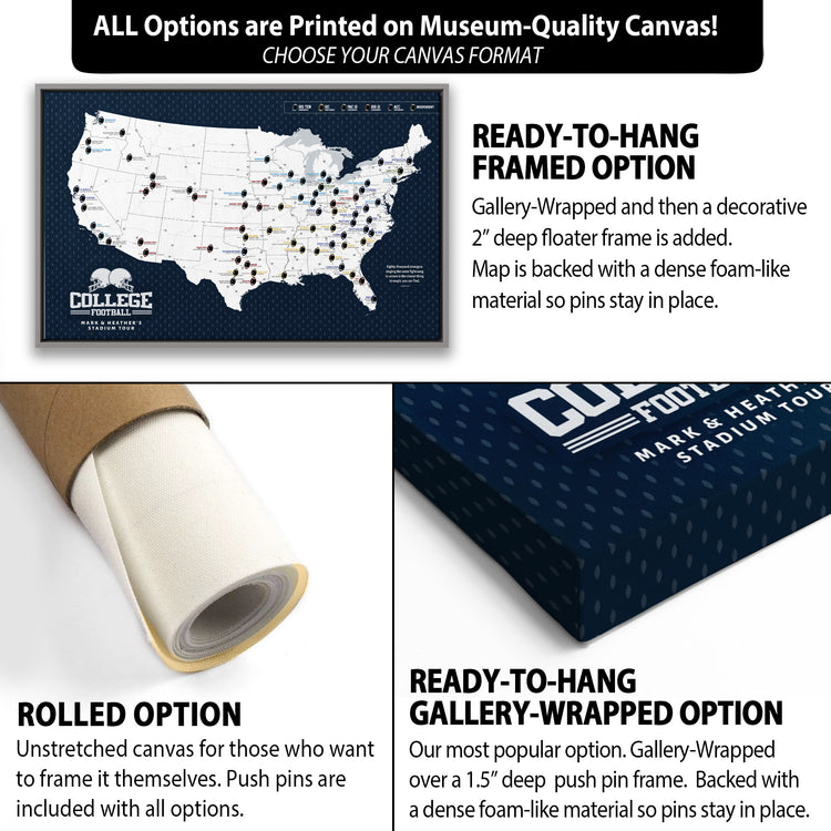The image is a collage of three different options for a canvas print of a map of the United States. The first option is a ready-to-hang framed option, the second option is a rolled option, and the third option is a gallery-wrapped option. Each option has its own unique features and benefits, such as the ability to frame the canvas yourself, the option to roll the canvas over a push pin frame, and the option to have a dense foam-like material for the pins to stay in place.