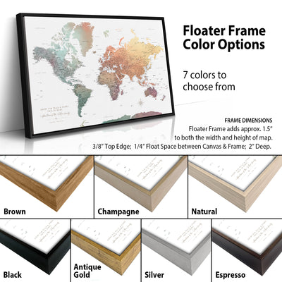 a world map in a floating frame with various color options, including brown, champagne, natural, antique, gold, silver, and espresso.