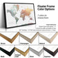 a world map in a floating frame with various color options, including brown, champagne, natural, antique, gold, silver, and espresso.