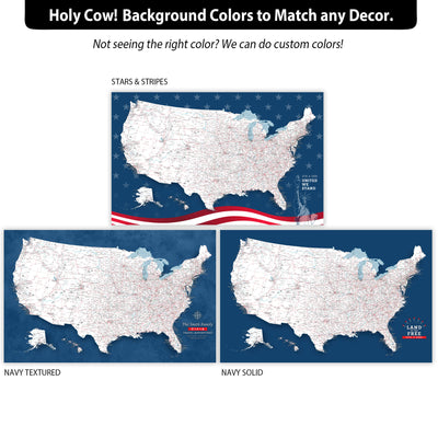 The image is a collage of three different background color options for a map of the United States. The first option is navy blue with a striped pattern, the second option is navy blue with a solid pattern, and the third option is navy blue with a solid pattern. The background colors are designed to match any decor, allowing for customization based on individual preferences.