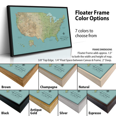 The image is a collage of different colored frames surrounding a map of the United States. The frames come in various colors, including brown, champagne, natural, antique, gold, silver, and espresso. The map of the United States is displayed on a blue background, and the text above the image provides information about the frame color options and the frame dimensions.