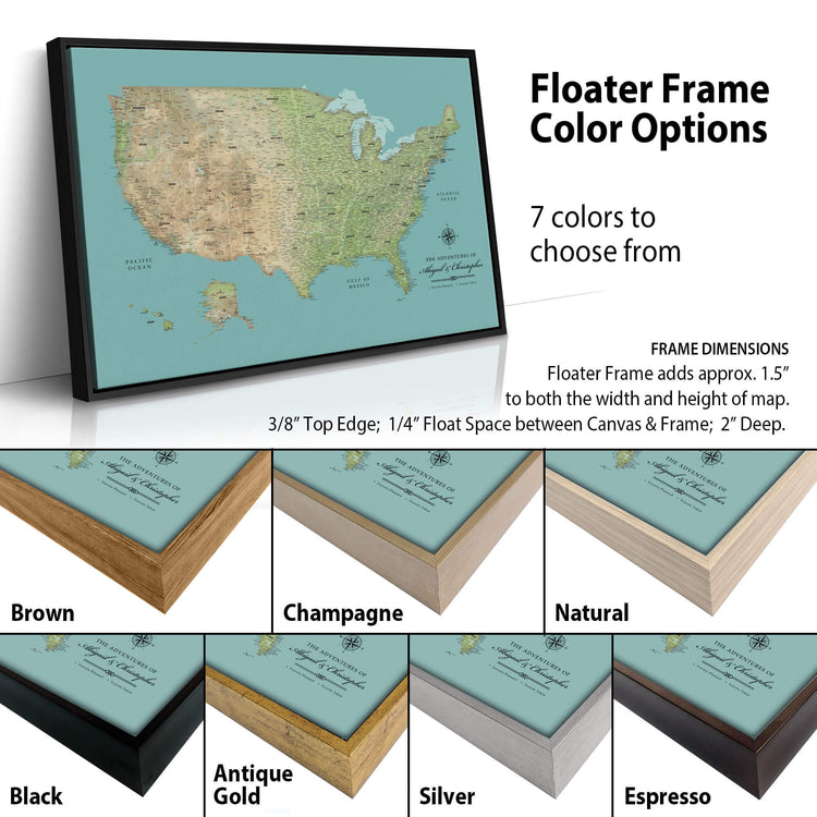 The image is a collage of different colored frames surrounding a map of the United States. The frames come in various colors, including brown, champagne, natural, antique, gold, silver, and espresso. The map of the United States is displayed on a blue background, and the text above the image provides information about the frame color options and the frame dimensions.