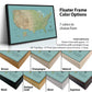 The image is a collage of different colored frames surrounding a map of the United States. The frames come in various colors, including brown, champagne, natural, antique, gold, silver, and espresso. The map of the United States is displayed on a blue background, and the text above the image provides information about the frame color options and the frame dimensions.