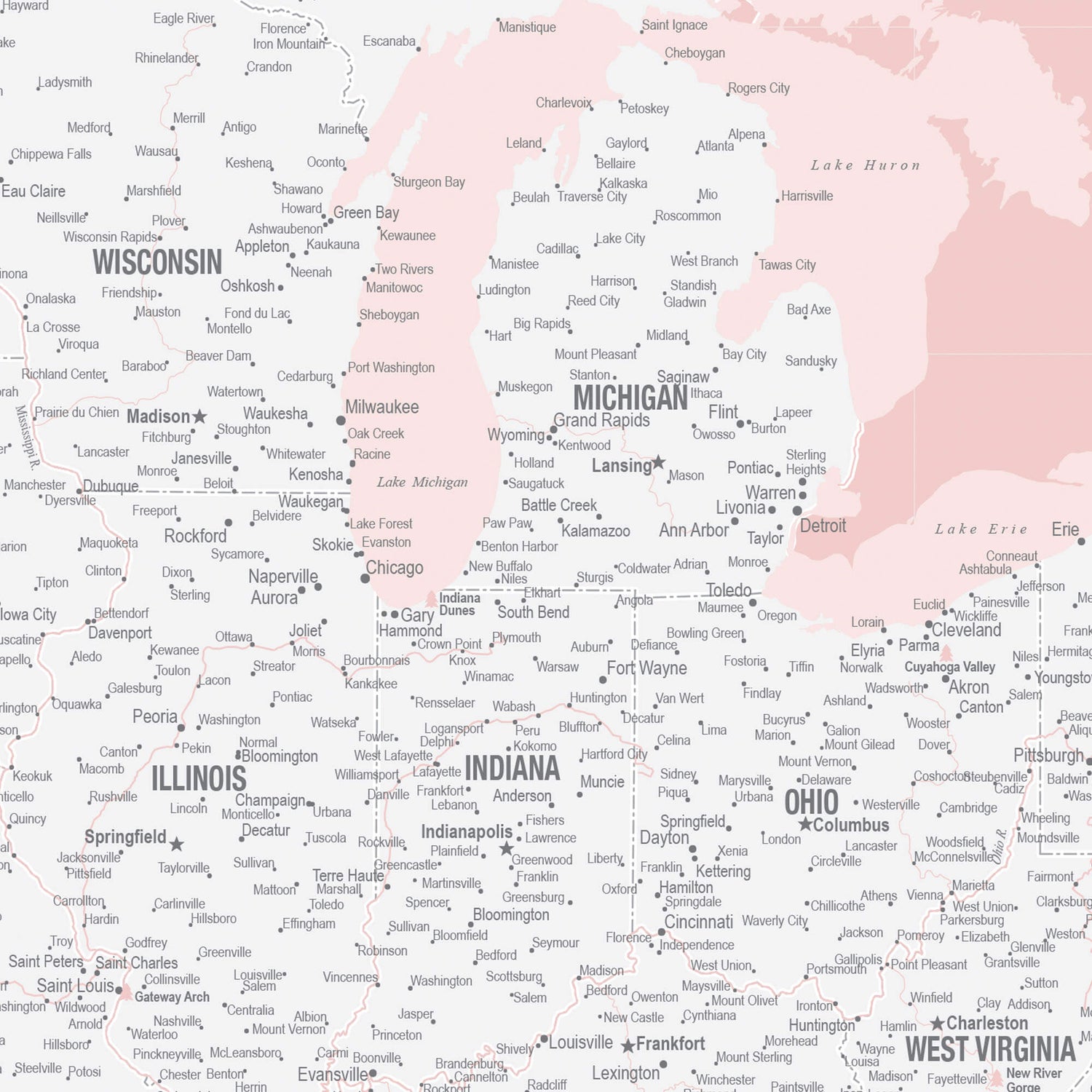 The image is a detailed map of the United States, showing the major cities and states in a color scheme of pink and white.