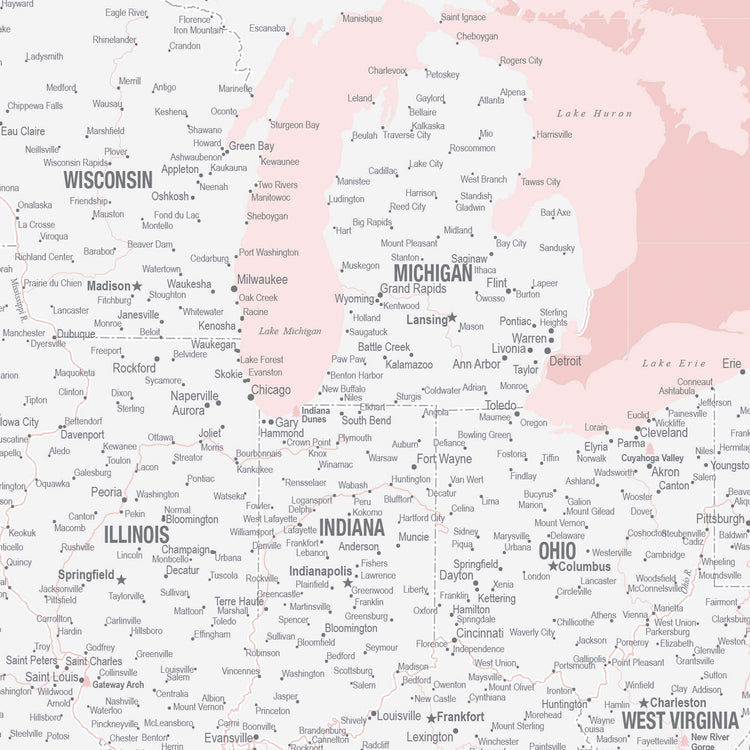 The image is a detailed map of the United States, showing the major cities and states in a color scheme of pink and white.