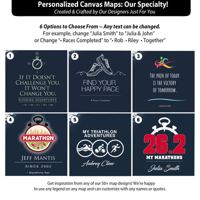 six different canvas map designs, each with a unique theme and message. The designs include motivational phrases, running-related imagery, and a running-themed logo. The text in the image is not very long, and it focuses on the individual designs rather than describing each one individually.