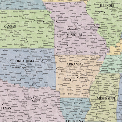The image is a detailed map of the United States, showing the 50 states and major cities in a color-coded manner.