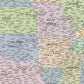 The image is a detailed map of the United States, showing the 50 states and major cities in a color-coded manner.