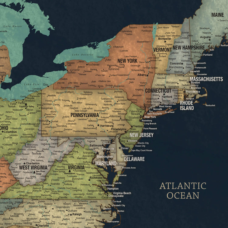 The image is a detailed map of the eastern United States, including the Atlantic Ocean, with labels for various states and cities.