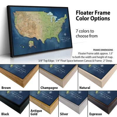 The image is a collage of different colored frames surrounding a map of the United States. The frames come in various colors, including brown, champagne, natural, antique, gold, silver, and espresso. The map of the United States is displayed on a wall, and the text above the image provides information about the frame color options available for choosing a frame.