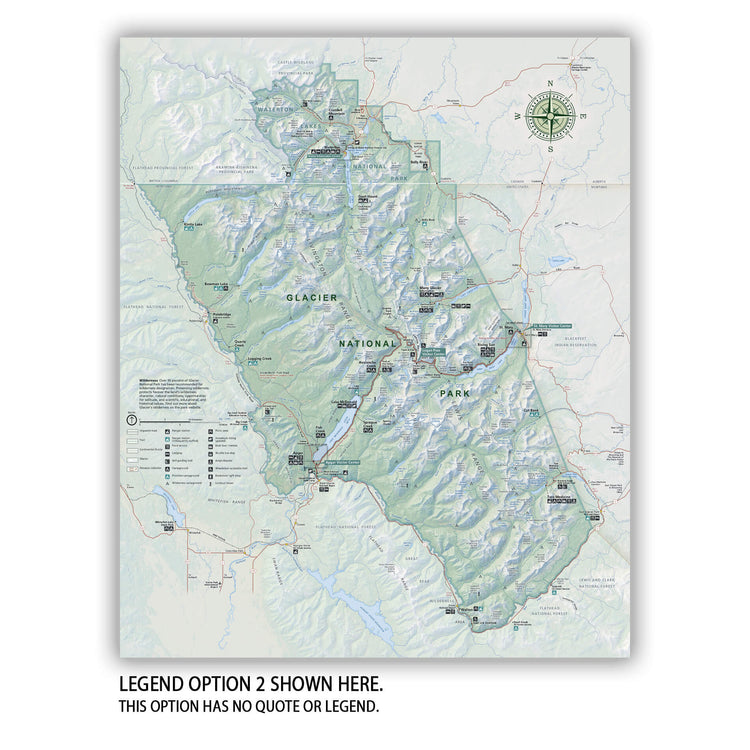 The image is a detailed map of a mountainous region, likely a national park or wilderness area. It shows various landmarks, trails, and points of interest within the region. The map is labeled with legend options and does not include any specific information about a quote or legend. The image is a collage of multiple images, and the text indicates that this option has no quote or legend.