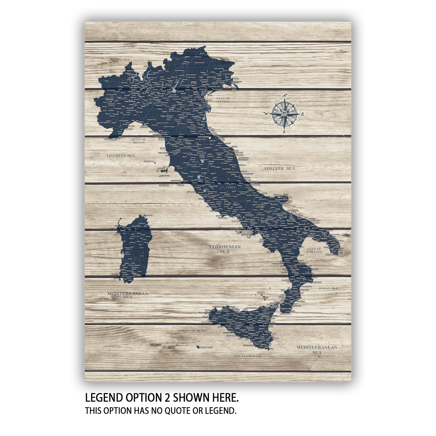 The image is a map of Italy, with a wooden background and a compass rose.