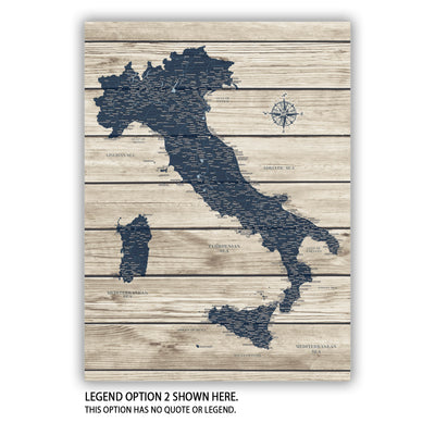 The image is a map of Italy, with a wooden background and a compass rose.
