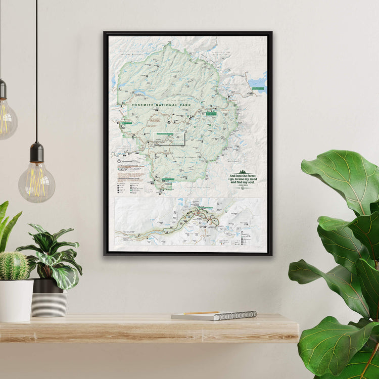 a framed map of Yosemite National Park hanging on a wall, with a wooden shelf below it and potted plants to the left and right.