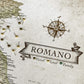 a map with the word "ROMANO" written on it, along with a compass rose and a banner displaying the text "ROMANO Visited | Lived | Family".