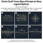six different map designs, each with a unique title and theme. The titles include "Classic Earth Tones Map of Europe on Navy Legend Options", "Life takes us to unexpected places, Love brings us home", "Not all those who wander are lost", "The adventures Robert and Sharon", "Where will the Elllots go next?", and "Adventures Robert and Sharon". These maps are designed to inspire and showcase the creativity of the map designer.