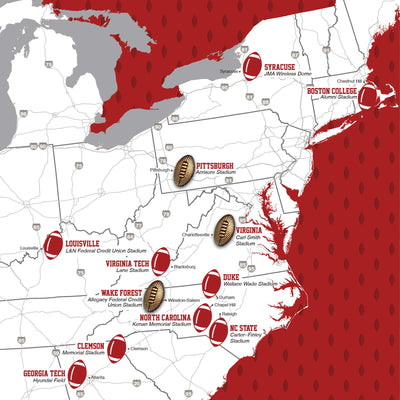 The image is a map of the United States, highlighting the locations of various universities and stadiums.