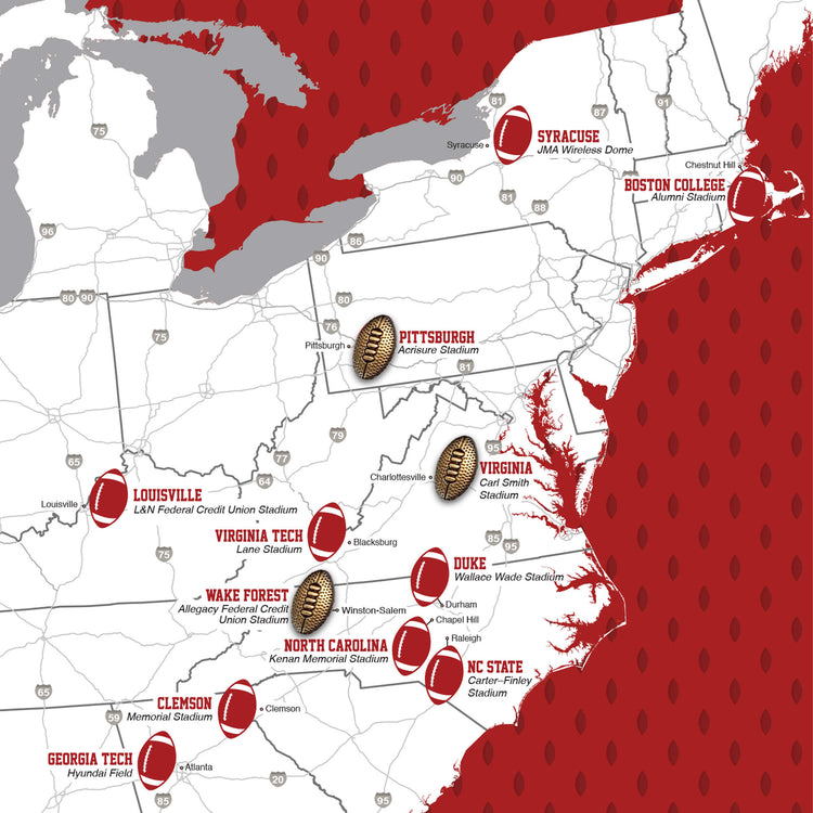 The image is a map of the United States, highlighting the locations of various universities and stadiums.