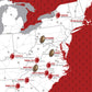 The image is a map of the United States, highlighting the locations of various universities and stadiums.