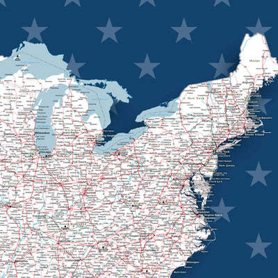 The image is a detailed map of the eastern United States, with the states clearly labeled and the major cities marked. The map is set against a background of blue stars, creating a patriotic and visually striking contrast.
