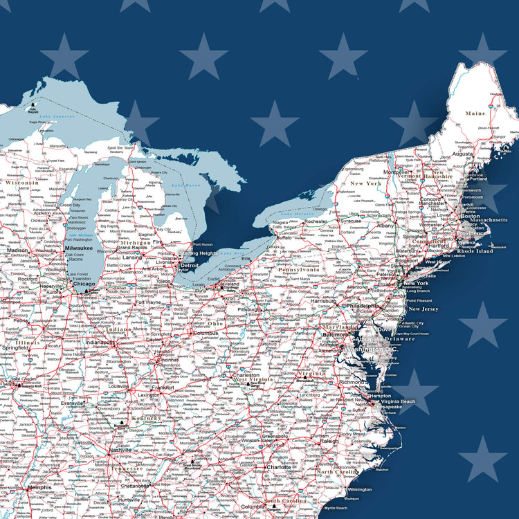 The image is a detailed map of the eastern United States, with the states clearly labeled and the major cities marked. The map is set against a background of blue stars, creating a patriotic and visually striking contrast.
