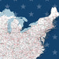 The image is a detailed map of the eastern United States, with the states clearly labeled and the major cities marked. The map is set against a background of blue stars, creating a patriotic and visually striking contrast.
