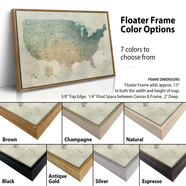 The image is a collage of different colored frames surrounding a map of the United States. The frames come in various colors, including brown, champagne, natural, antique, gold, silver, and espresso. The image also provides information about the frame dimensions and how the frame adds approximately 1.5" to both the width and height of the map.