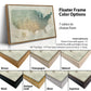 The image is a collage of different colored frames surrounding a map of the United States. The frames come in various colors, including brown, champagne, natural, antique, gold, silver, and espresso. The image also provides information about the frame dimensions and how the frame adds approximately 1.5" to both the width and height of the map.