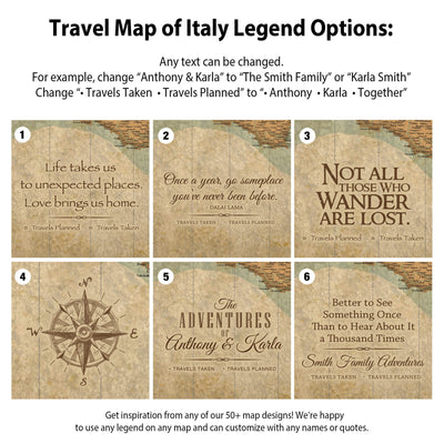 The image is a travel map of Italy with various options for customizing the map based on different themes or destinations.