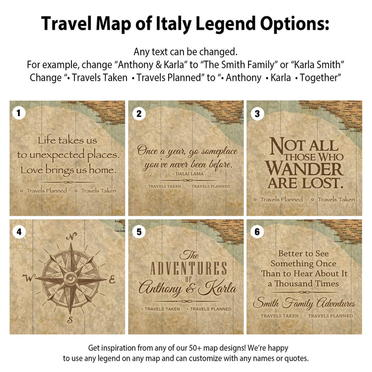 The image is a travel map of Italy with various options for customizing the map based on different themes or destinations.