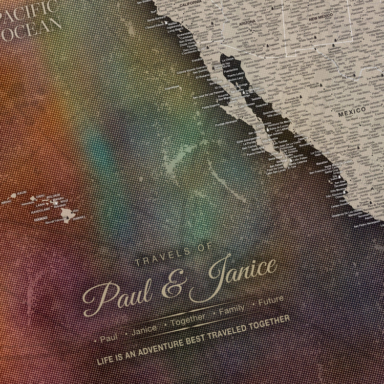 The image is a colorful, abstract map of the Pacific Ocean with various regions and countries labeled. The text on the map includes "Pacific Ocean", "TRAVELS OF", "Paul & Janice", "TOGETHER AS A FAMILY", and "LIFE IS AN ADVENTURE BEST TRAVELED TOGETHER".