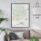 a framed map of Yosemite National Park hanging on a wall, with a couch and a potted plant in the foreground.