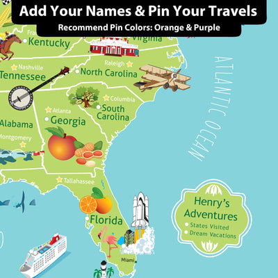 The image is a colorful map of the United States, with various landmarks and locations represented. It includes recommendations for pin colors, such as orange and purple, and features a sticker for Henry&