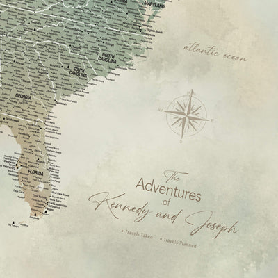 The image is a map of the United States with a compass rose and the title "The Adventures of Kennedy and Joseph" written below it.