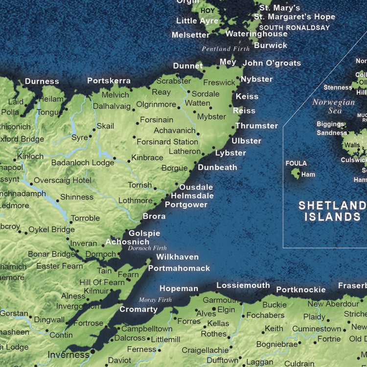 The image is a map of the Shetland Islands, showing the various locations and landmarks within the region.