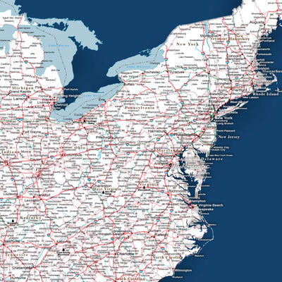 The image is a detailed map of the eastern United States, showing the major cities, highways, and other geographic features.
