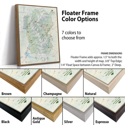a variety of different colored floating frame options for a map, with the frame dimensions provided.