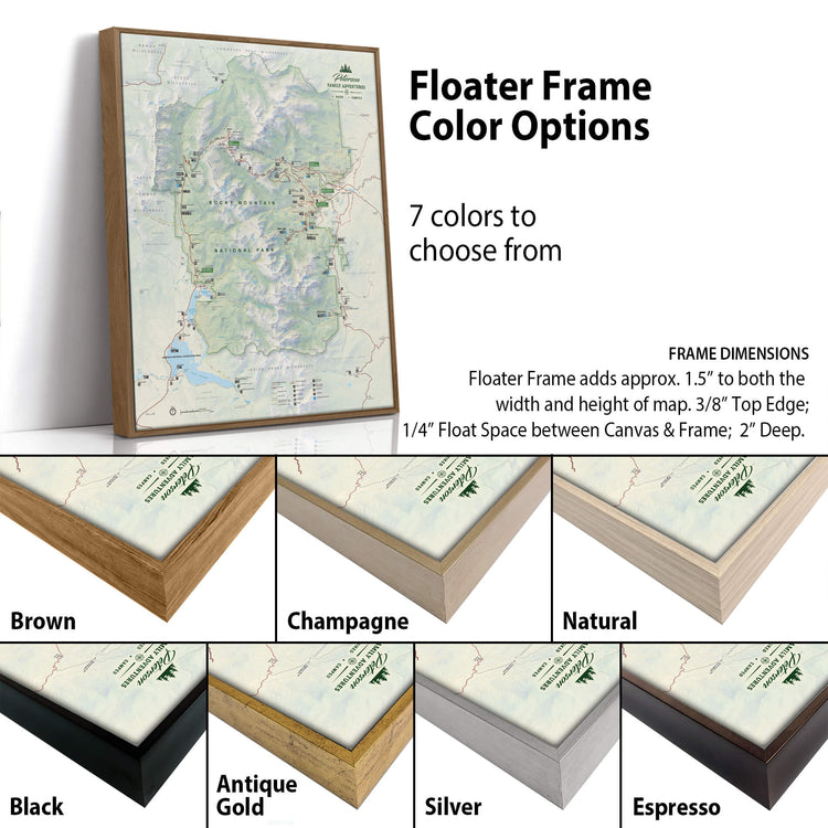 a variety of different colored floating frame options for a map, with the frame dimensions provided.