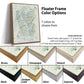 a variety of different colored floating frame options for a map, with the frame dimensions provided.